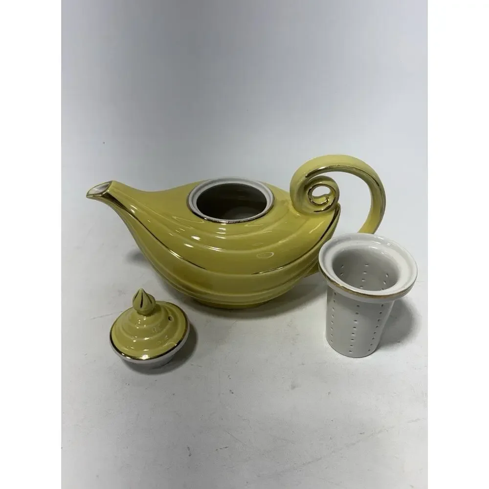 Vintage Hall China 6 Cup Teapot w/ Infuser Yellow Gold Trim USA Art Deco MCM